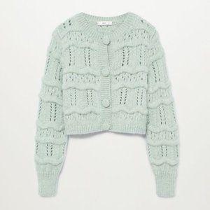 MANGO Chunky Knit Cable Cropped Cardigan in Turquoise Mint